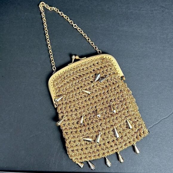 Vintage Gold Small Evening Bag Mesh Crochet with Beads made in Italy - Picture 2 of 11
